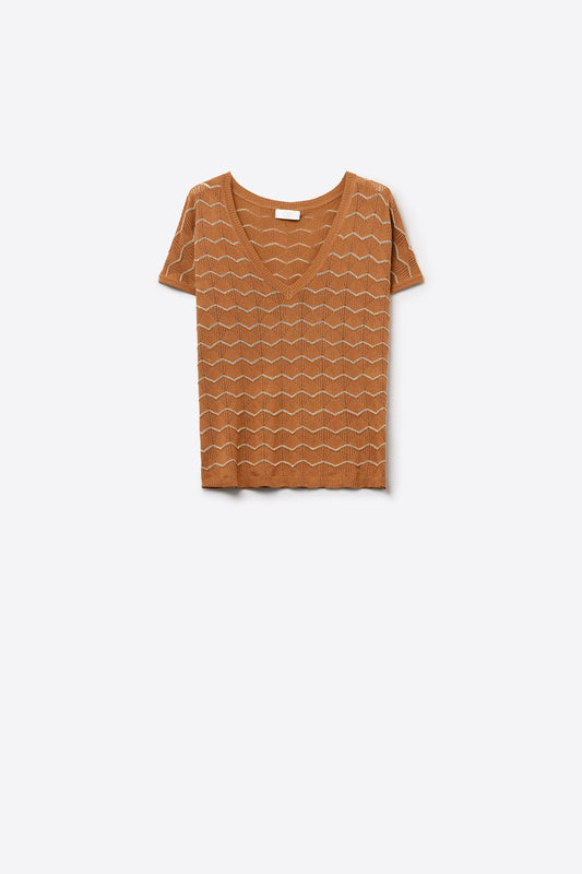 Q2 Jersey de punto con cuello en V en zigzag y mangas caídas en marrón
