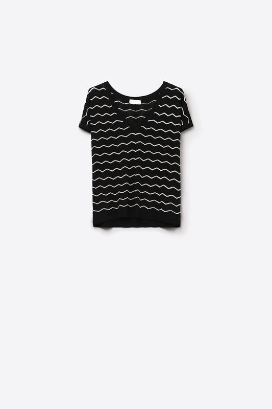 Q2 Jersey de punto con cuello en V y mangas caídas Zigzag en negro