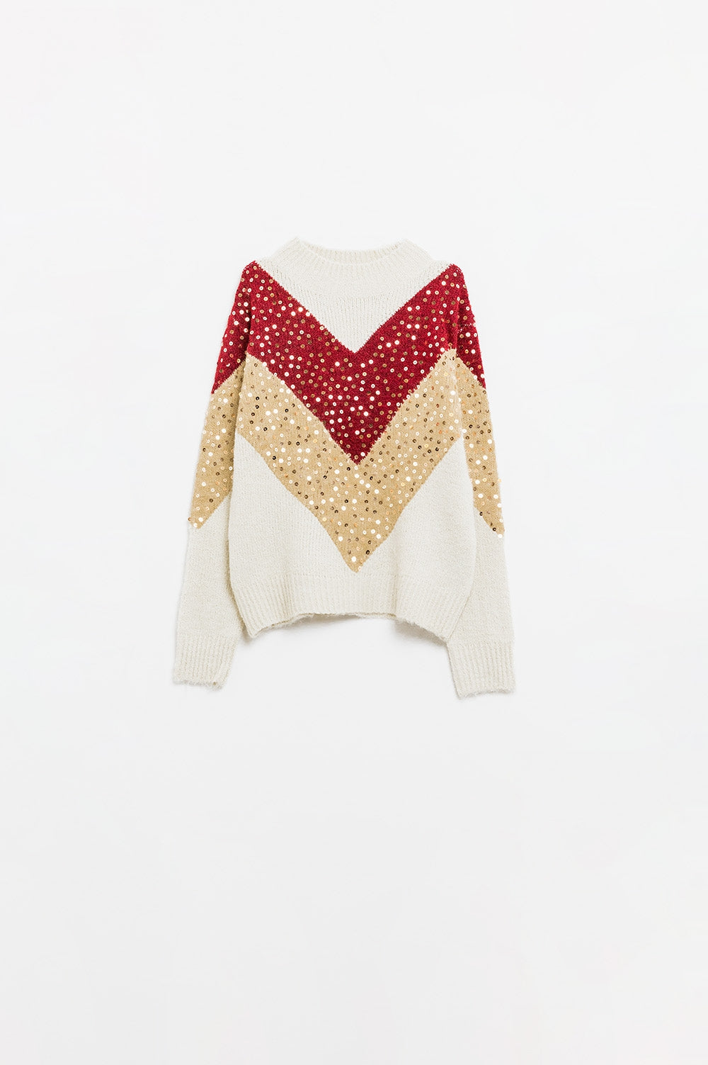 jersey de punto de color burdeos y beige con adorno de lentejuelas Q2