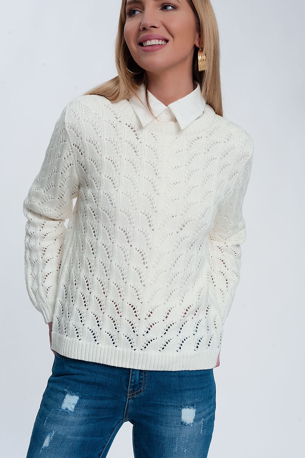 Jersey de punto de croché en crema Q2