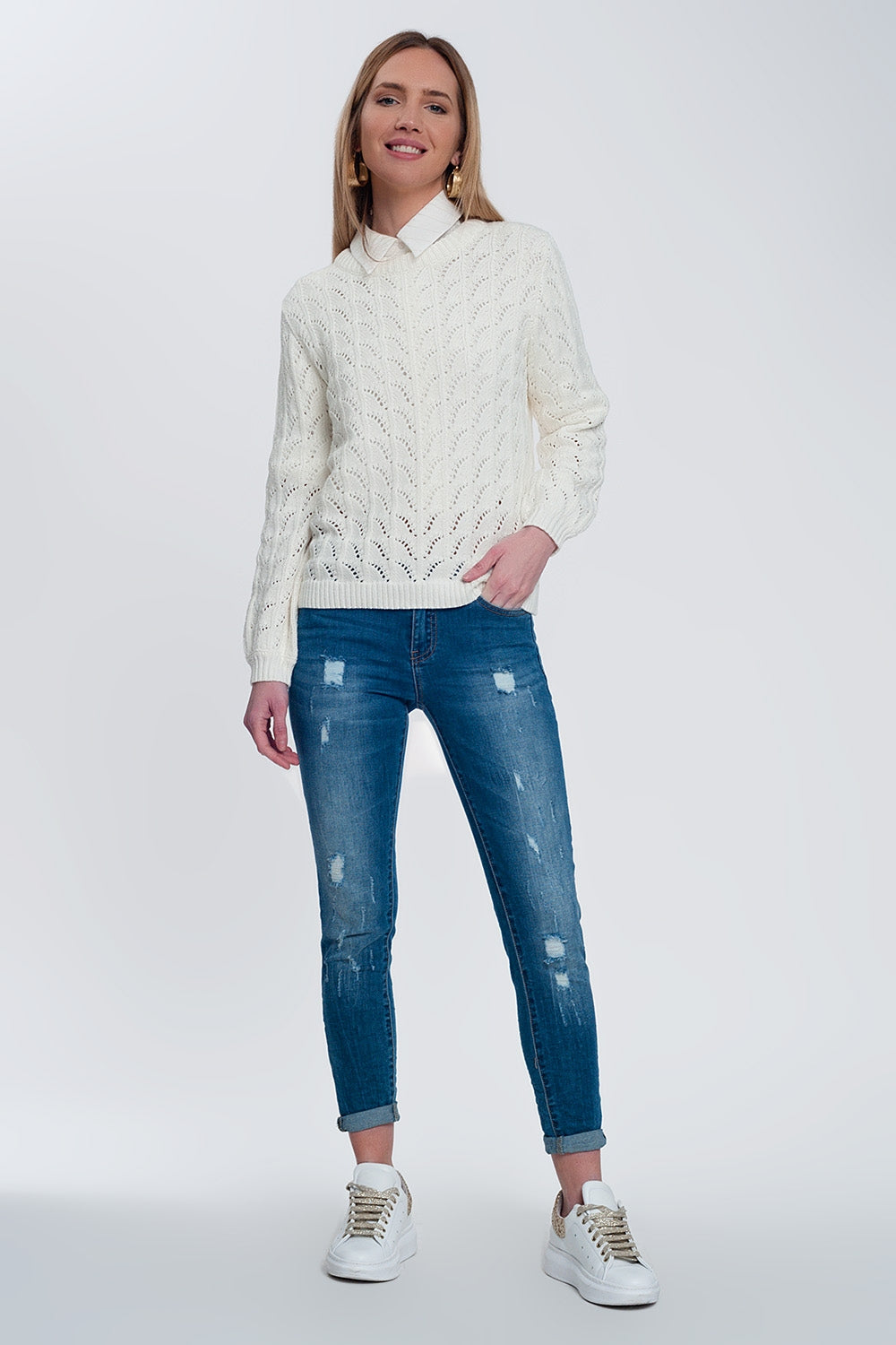 Jersey de punto de croché en crema Q2