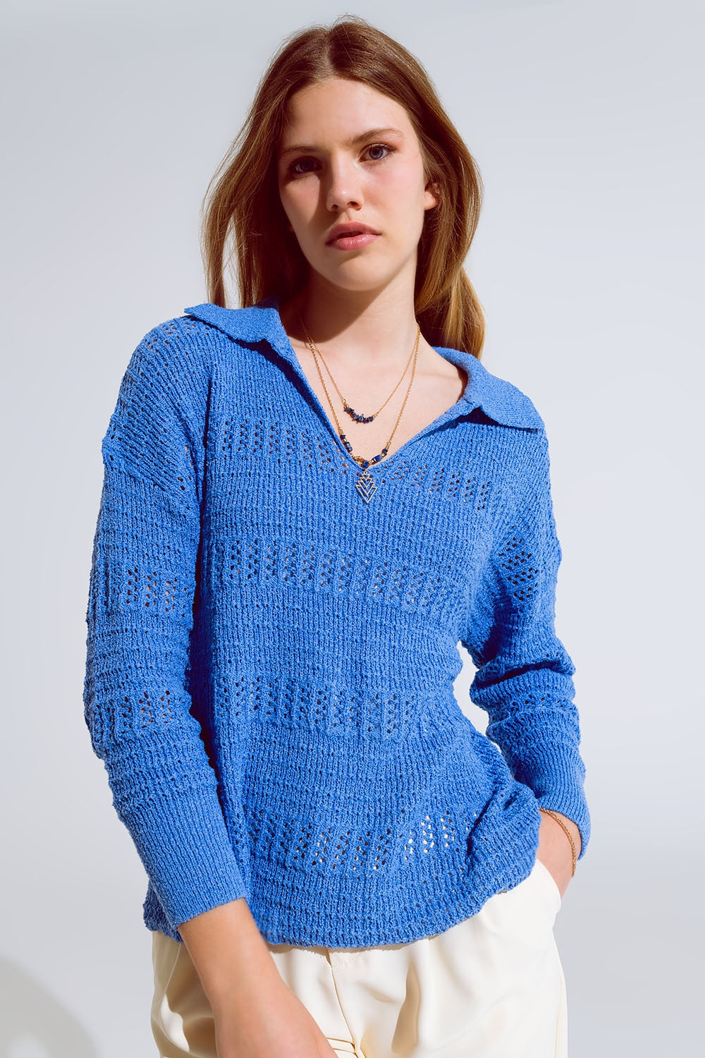 Jersey De Punto De Crochet Con Cuello En V Y Cuello Polo En Azul Q2