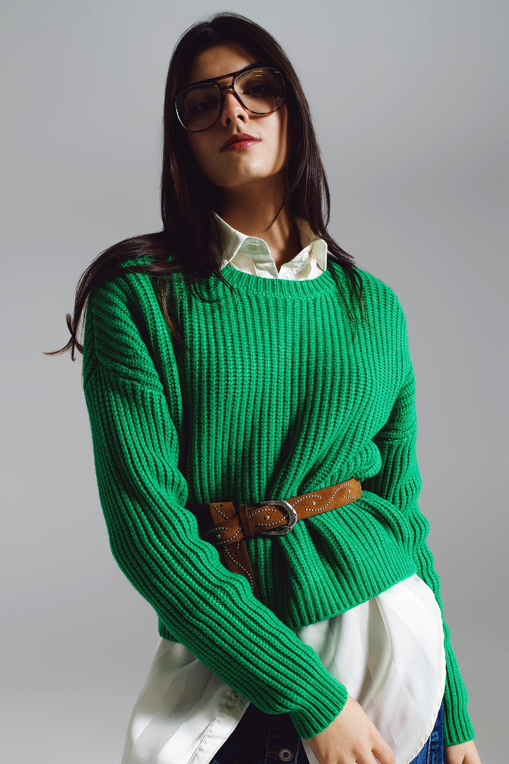 Jersey de punto de gofre relajado en verde brillante Q2