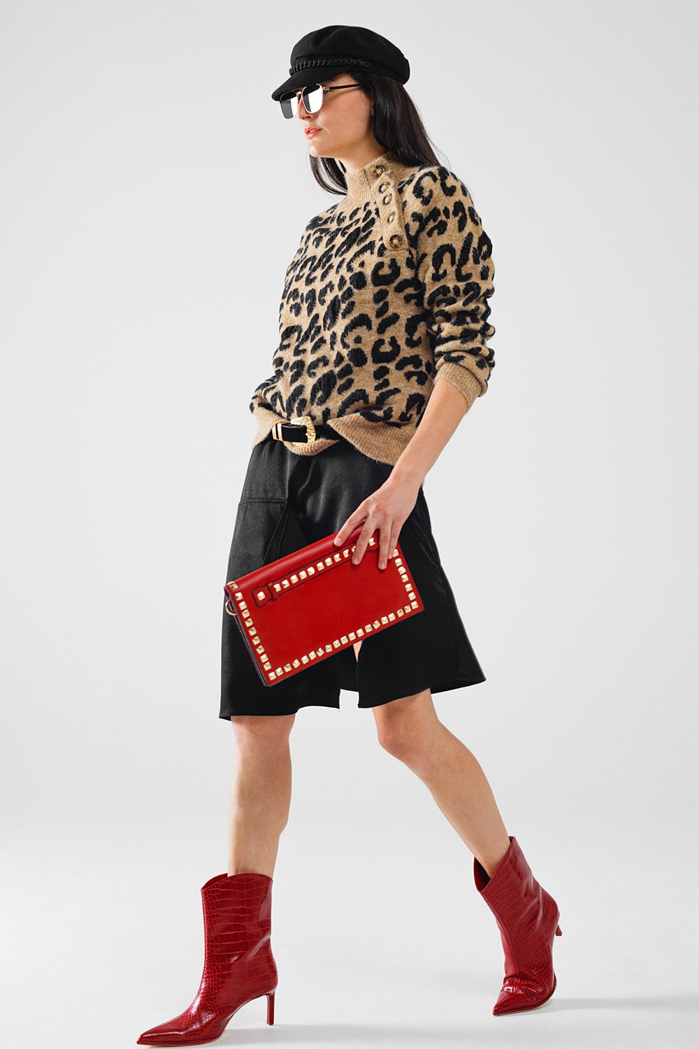 Jersey de punto de leopardo con botones laterales Q2