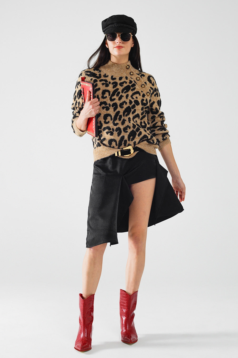 Jersey de punto de leopardo con botones laterales Q2