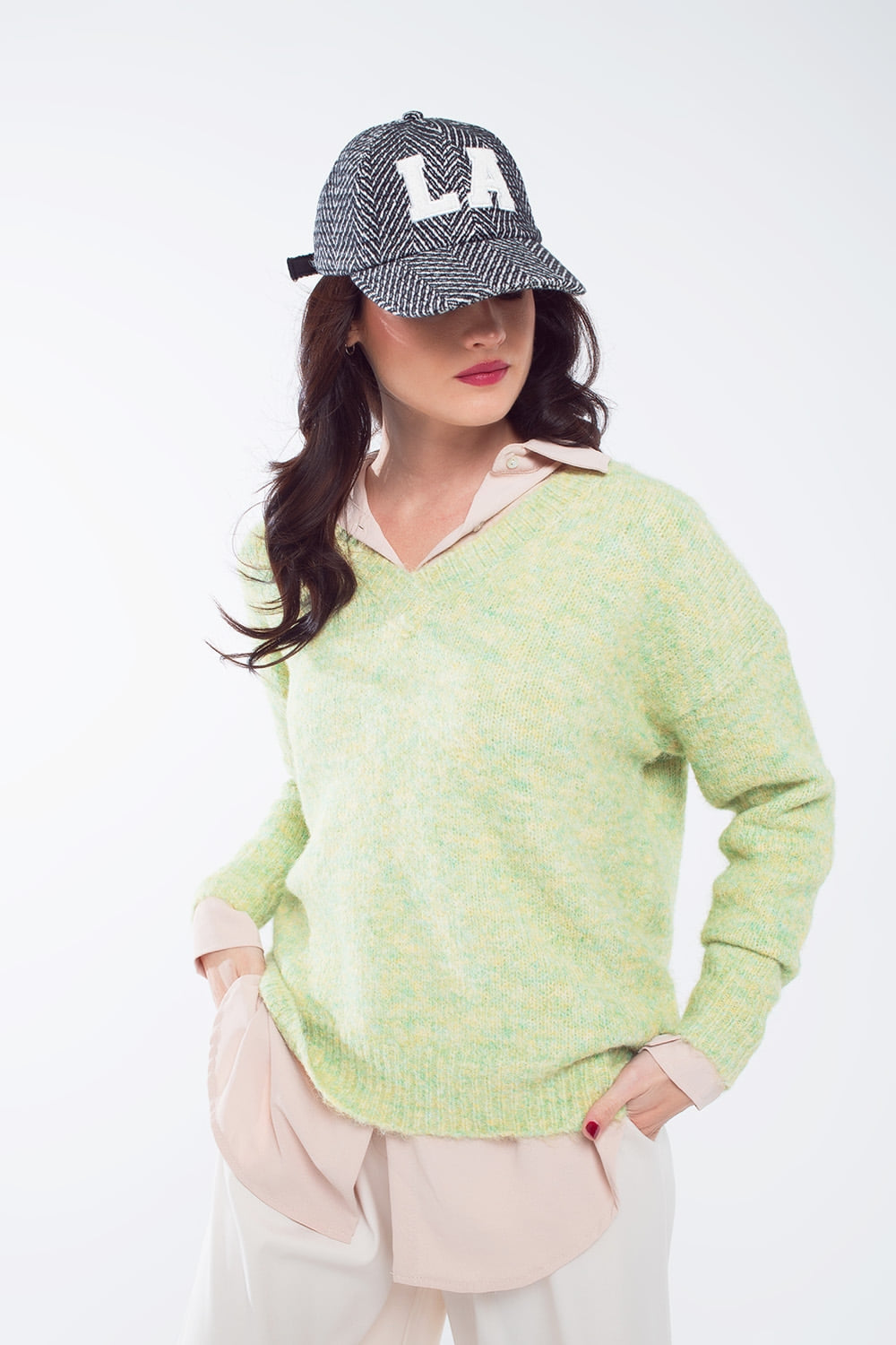 Jersey de punto esponjoso verde con cuello en V Q2