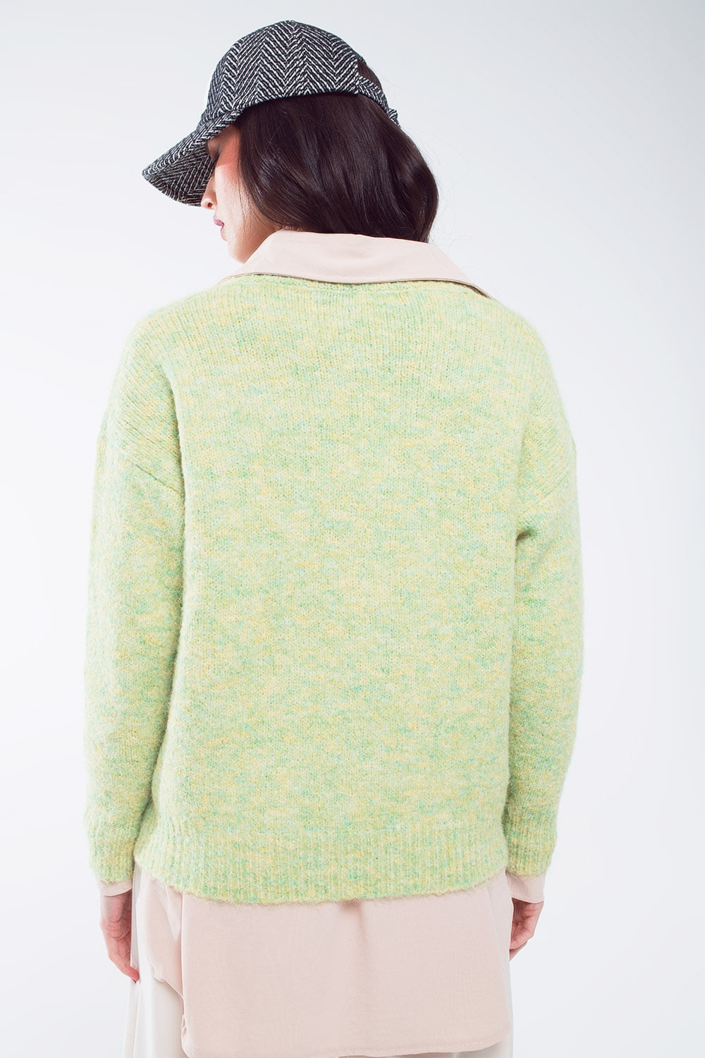 Jersey de punto esponjoso verde con cuello en V Q2