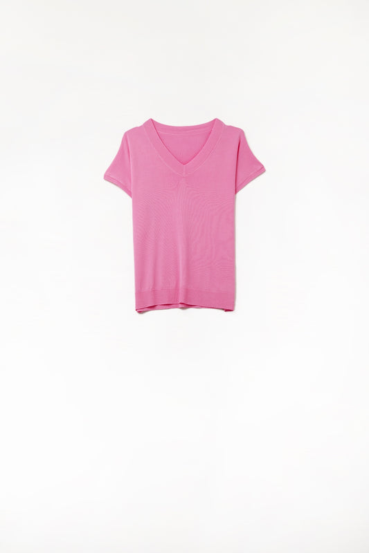Q2 Jersey de punto fino con cuello en V Fucshia