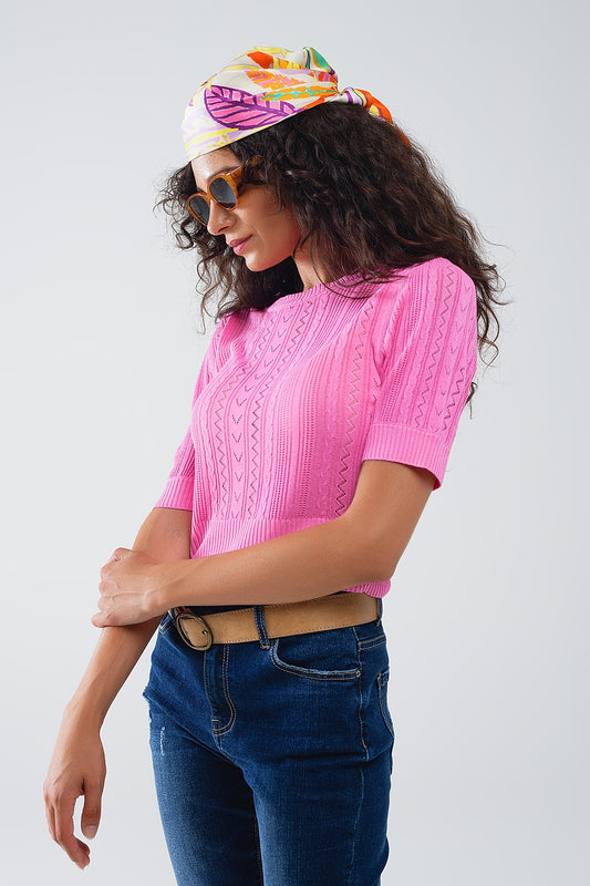 Q2 Jersey de punto fucsia de manga 3/4 con detalles de rayas en zig zag