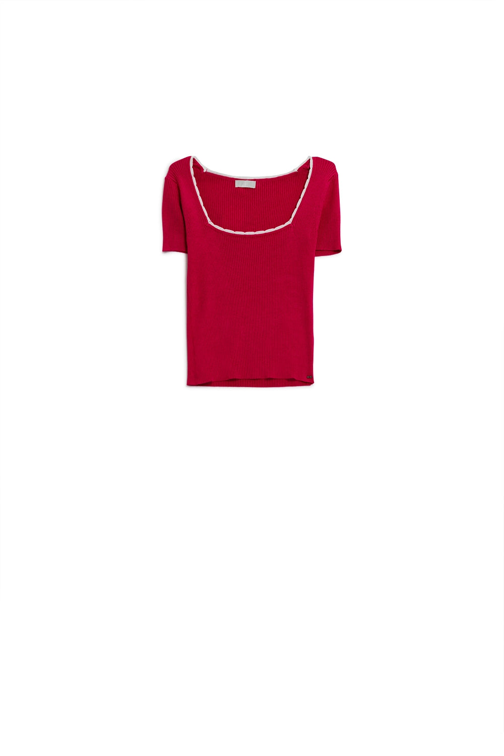 Jersey de punto fucsia de manga corta con cuello cuadrado y ribete blanco Q2