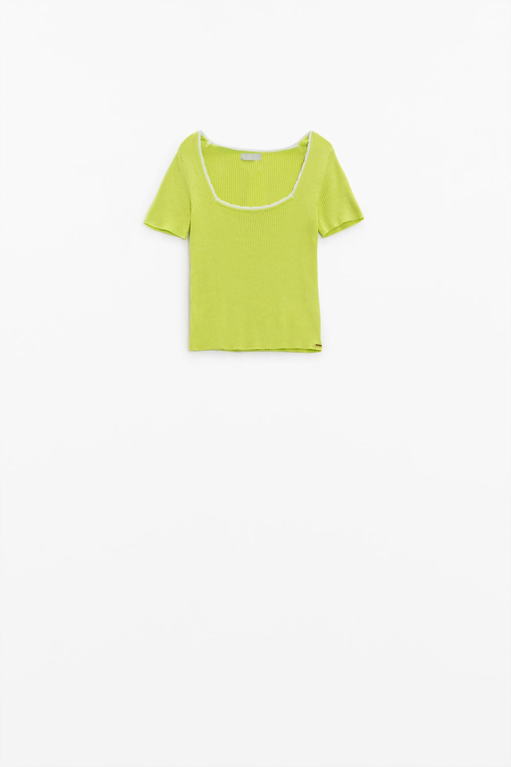 Jersey de punto lima de manga corta con cuello cuadrado y ribete blanco Q2
