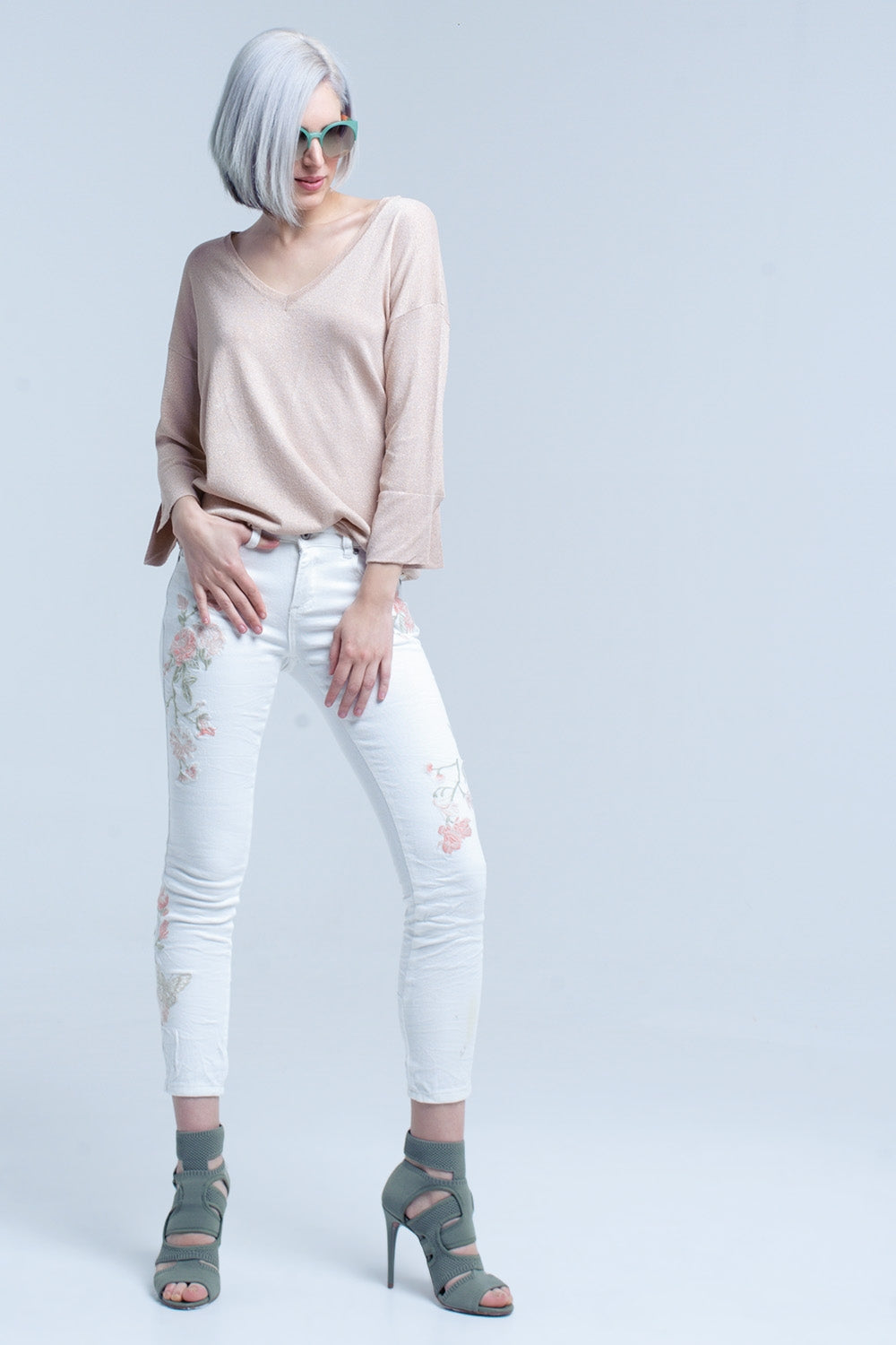 Jersey de punto rosa con detalle de lurex dorado Q2