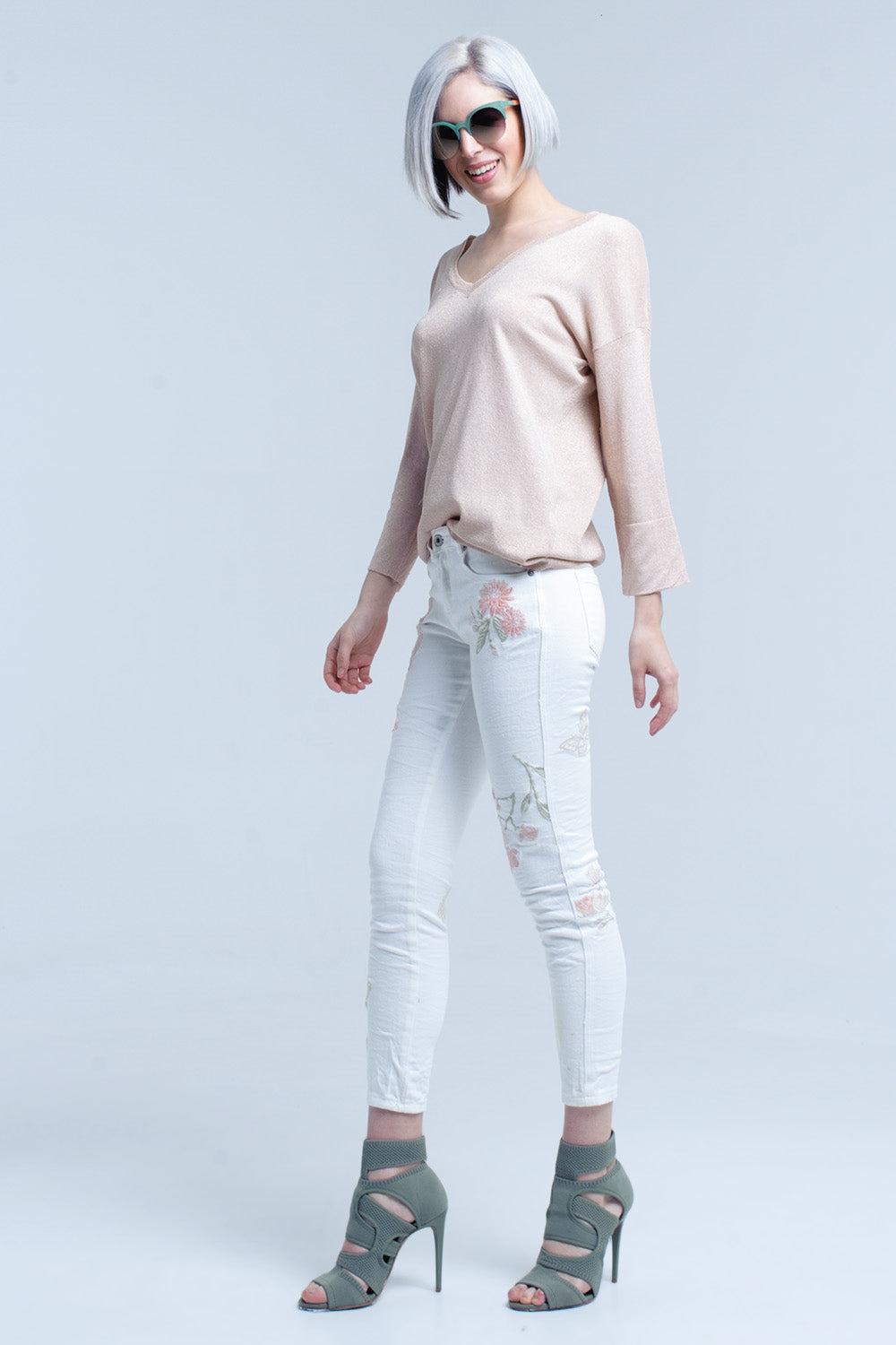 Jersey de punto rosa con detalle de lurex dorado Q2