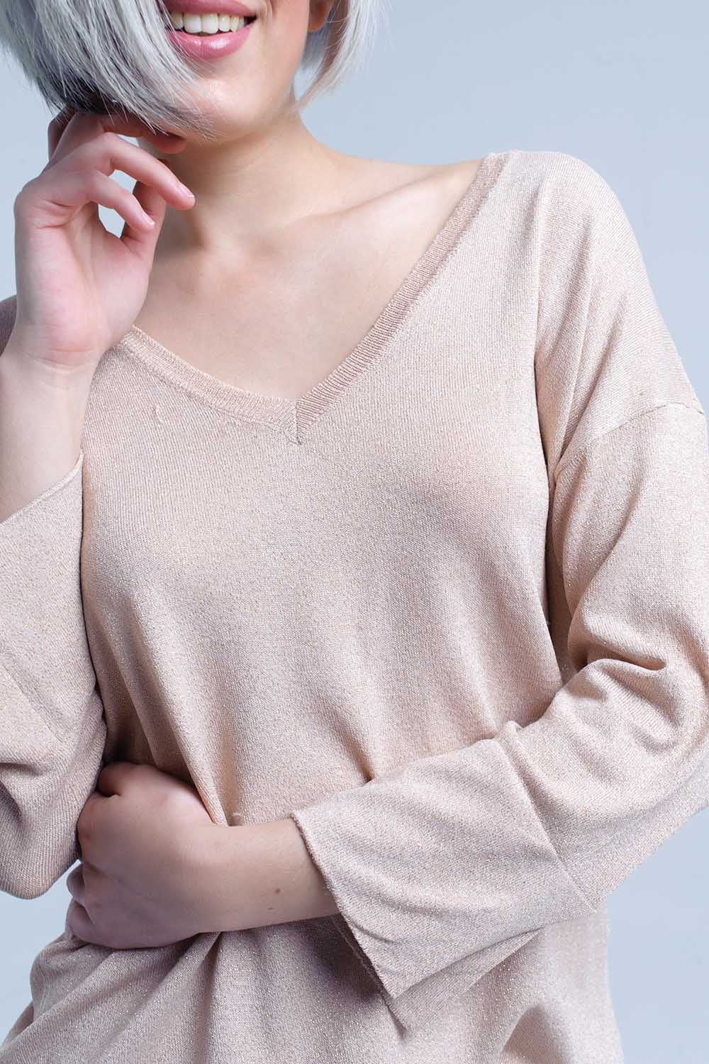 Jersey de punto rosa con detalle de lurex dorado Q2