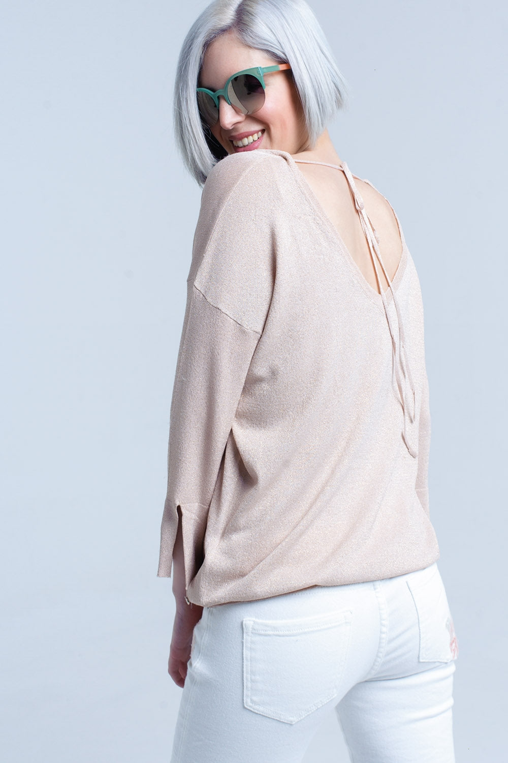 Jersey de punto rosa con detalle de lurex dorado Q2