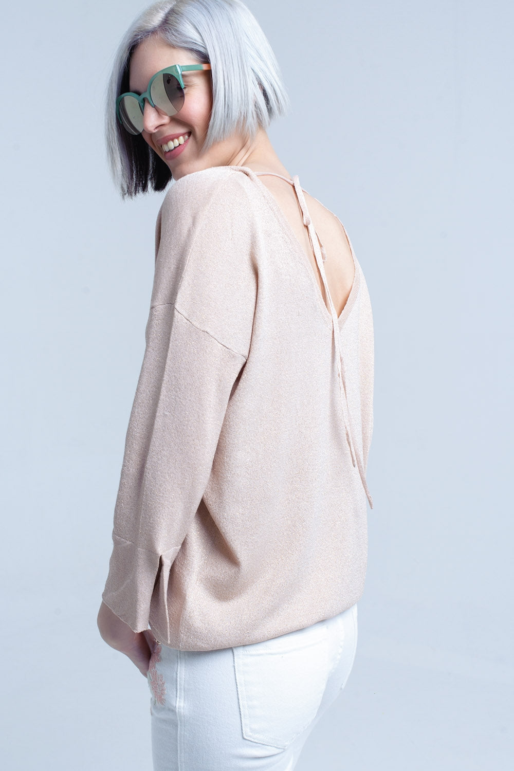 Jersey de punto rosa con detalle de lurex dorado Q2