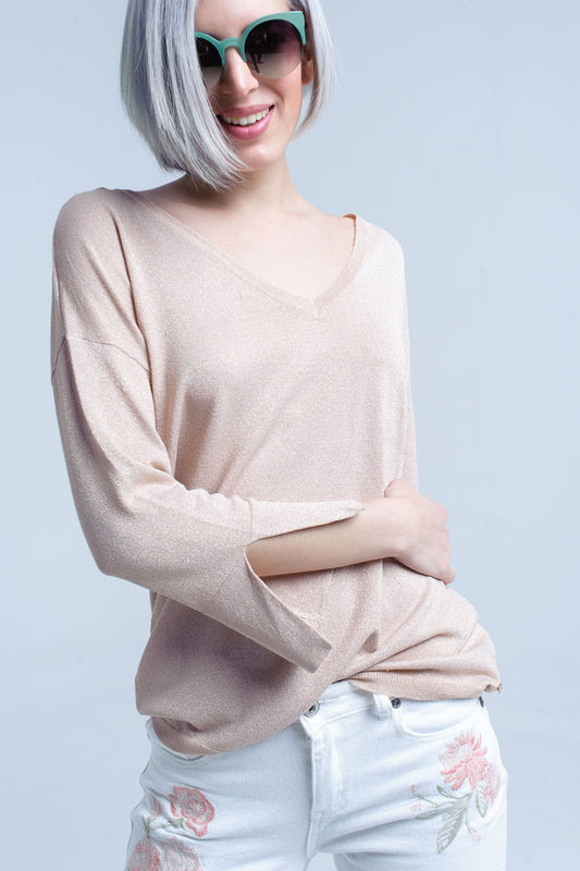 Q2 Jersey de punto rosa con detalle de lurex dorado