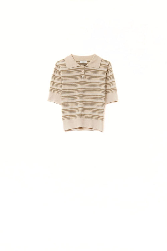 Q2 Jersey de rayas beige y camel con cuello polo