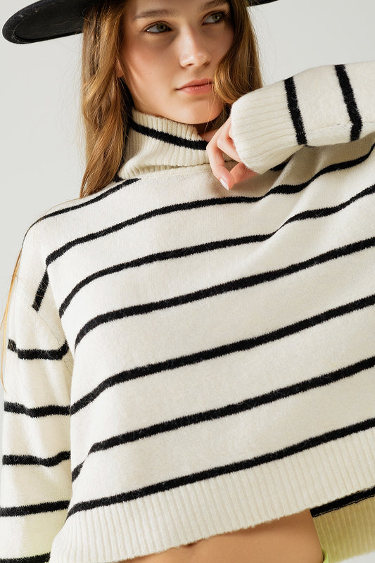 Q2 Jersey de rayas crema en negro con cuello alto