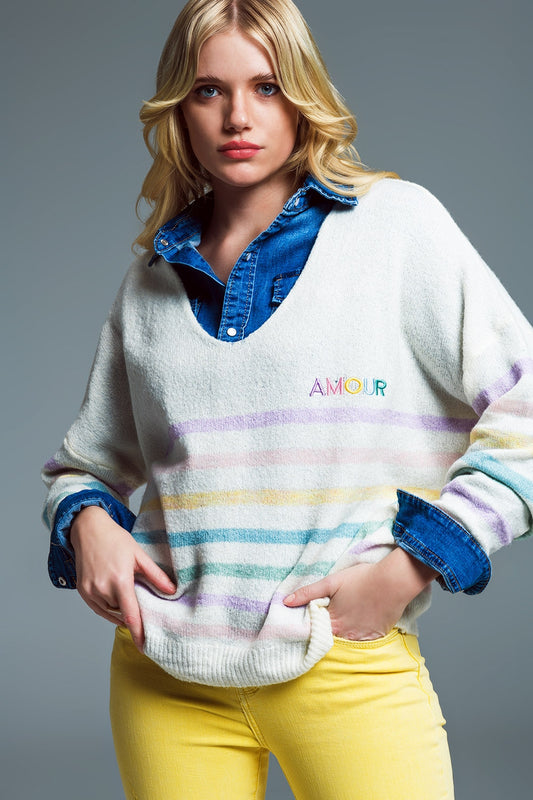 Q2 Jersey de rayas en colores pastel y bordado Amour