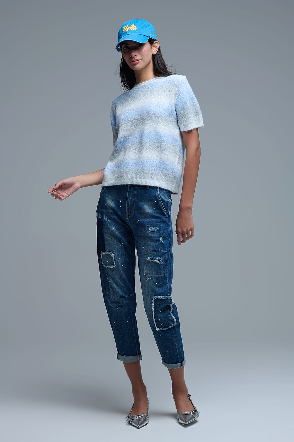 Jersey de rayas ombré de manga corta en azul Q2
