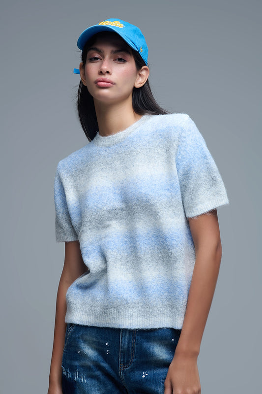 Q2 Jersey de rayas ombré de manga corta en azul