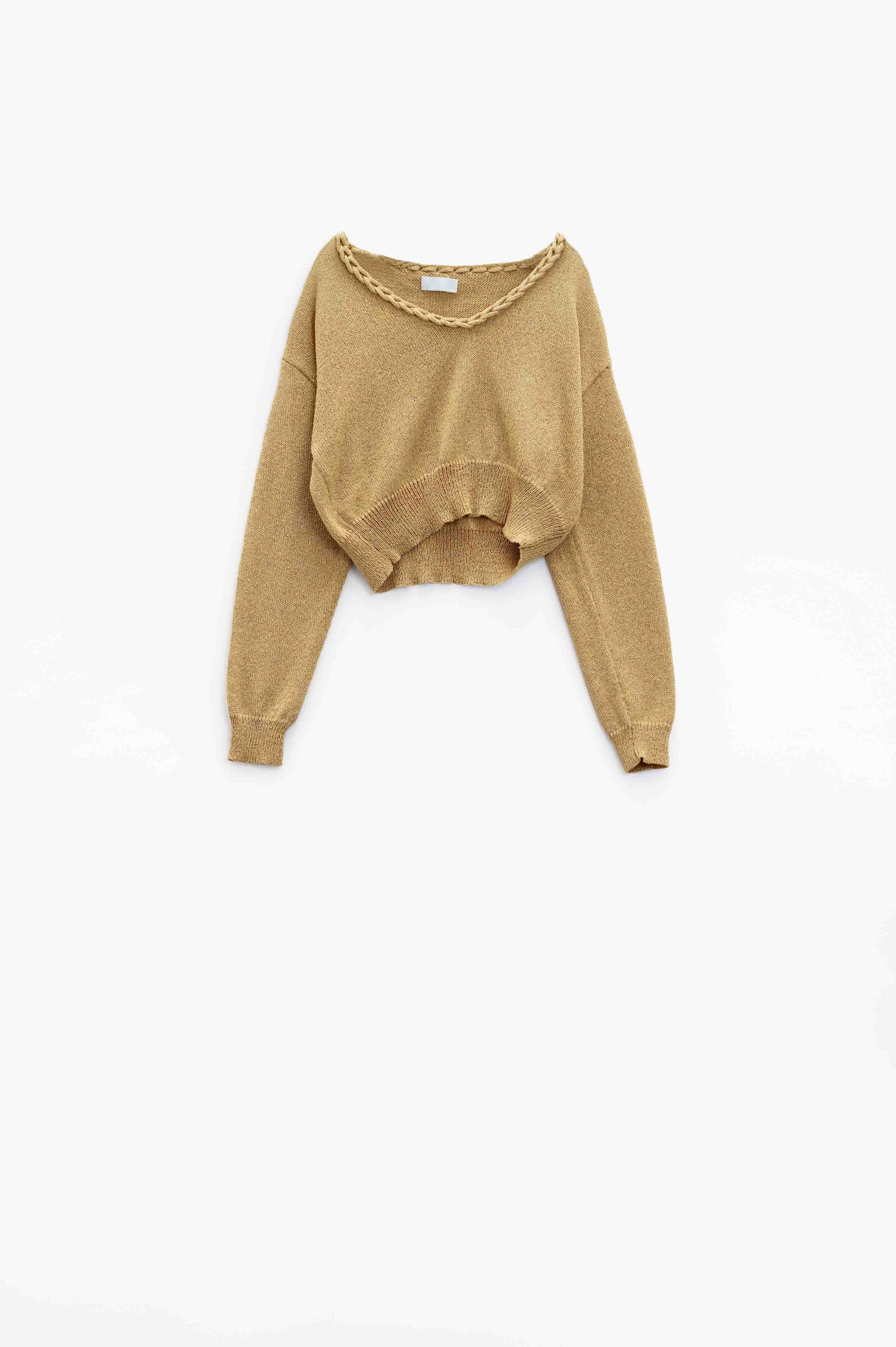 Jersey Ligero Con Cuello En V Ancho Y Detalle Trenzado En Dorado Q2