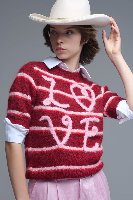 Q2 Jersey Love de manga corta bordado en burdeos