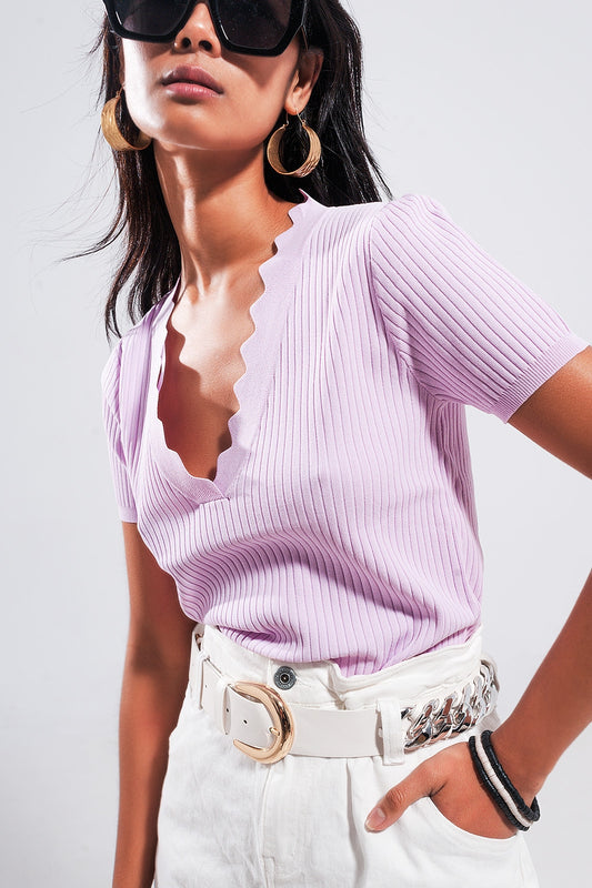 Q2 Jersey morado con cuello de pico de canalé