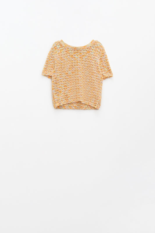 Q2 jersey naranja de punto de crochet de manga corta
