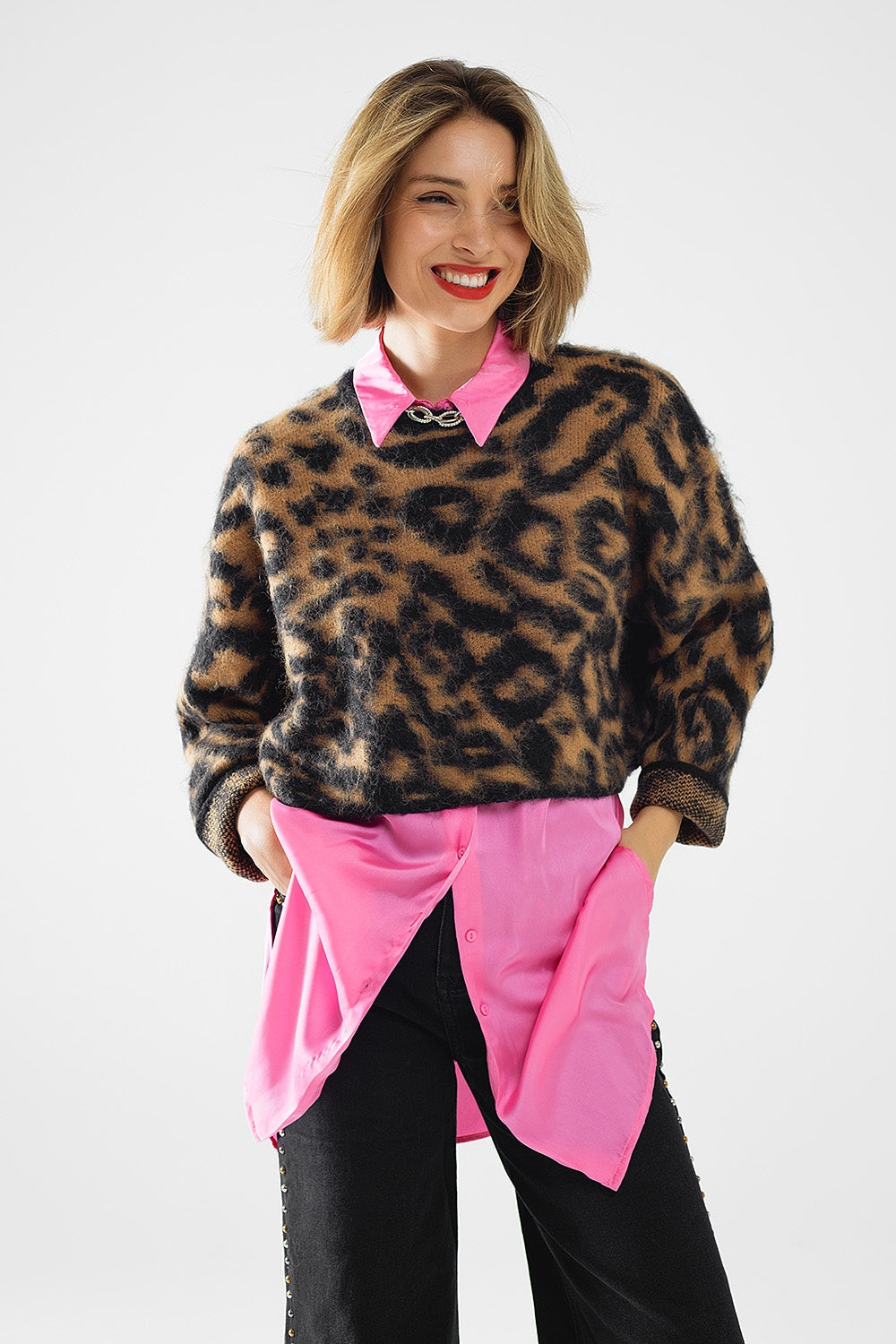 jersey negro con estampado de leopardo de punto con lana Q2