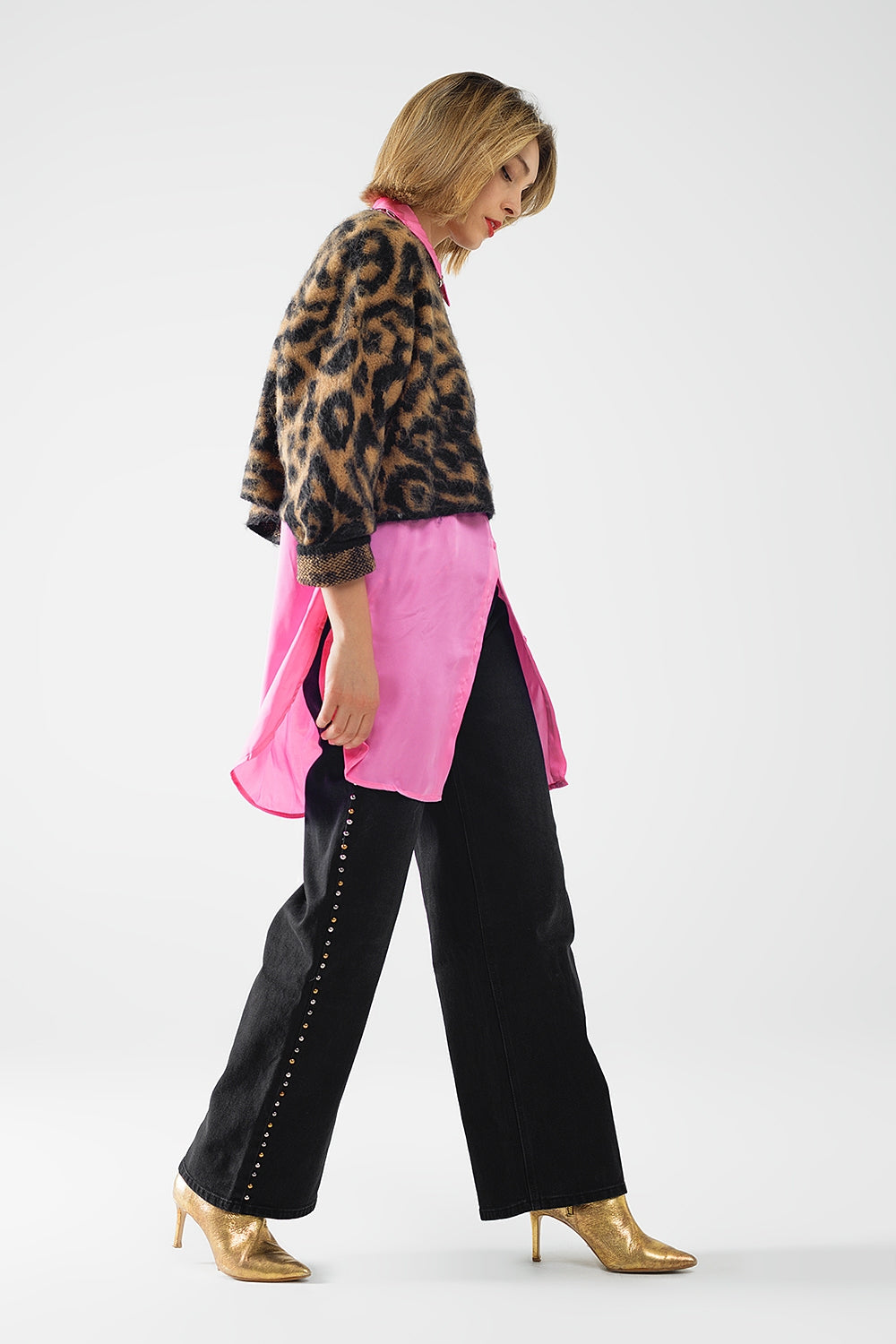 jersey negro con estampado de leopardo de punto con lana Q2