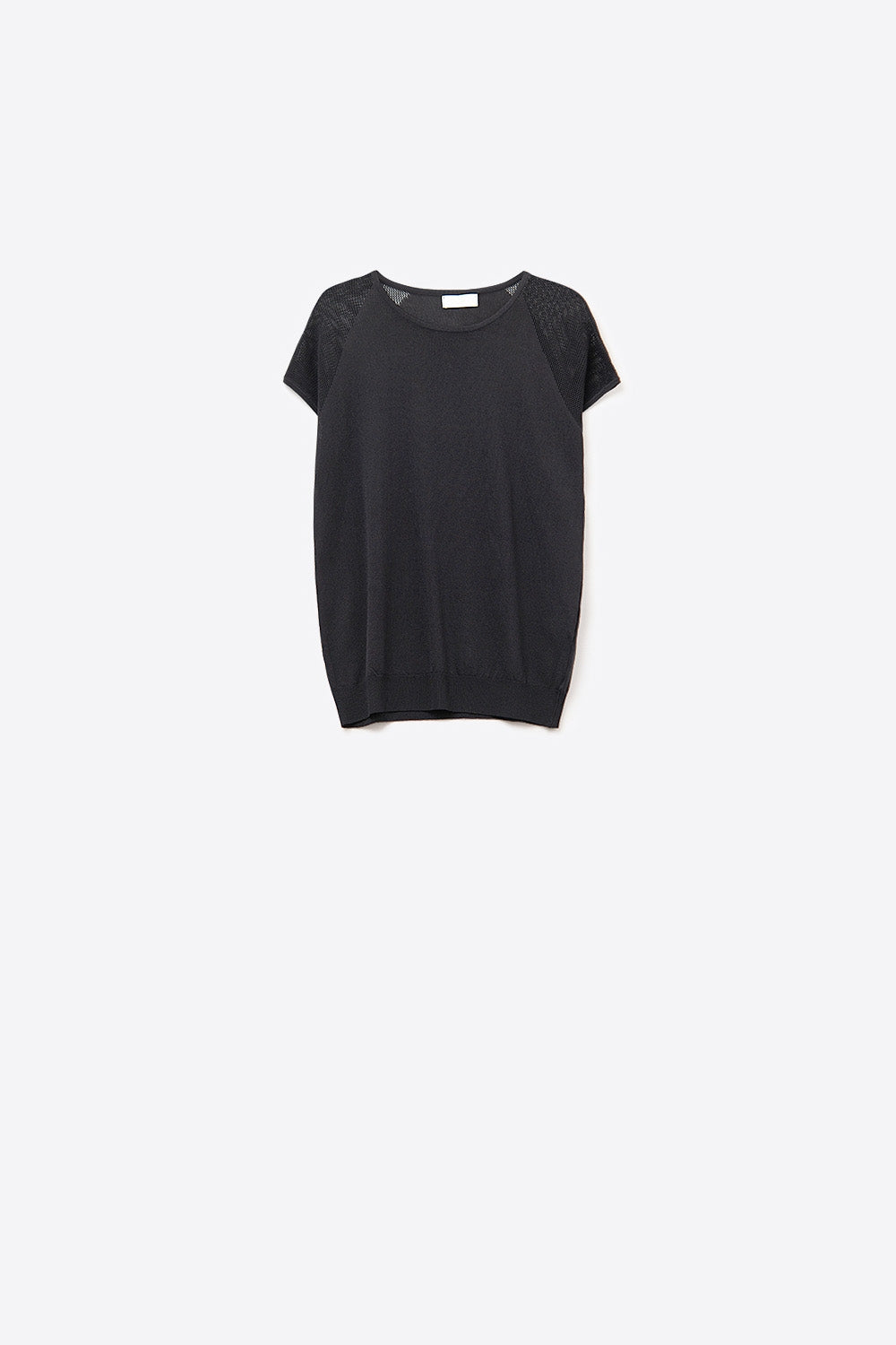 Q2 Jersey negro de manga corta de canalé con malla de punto en el hombro