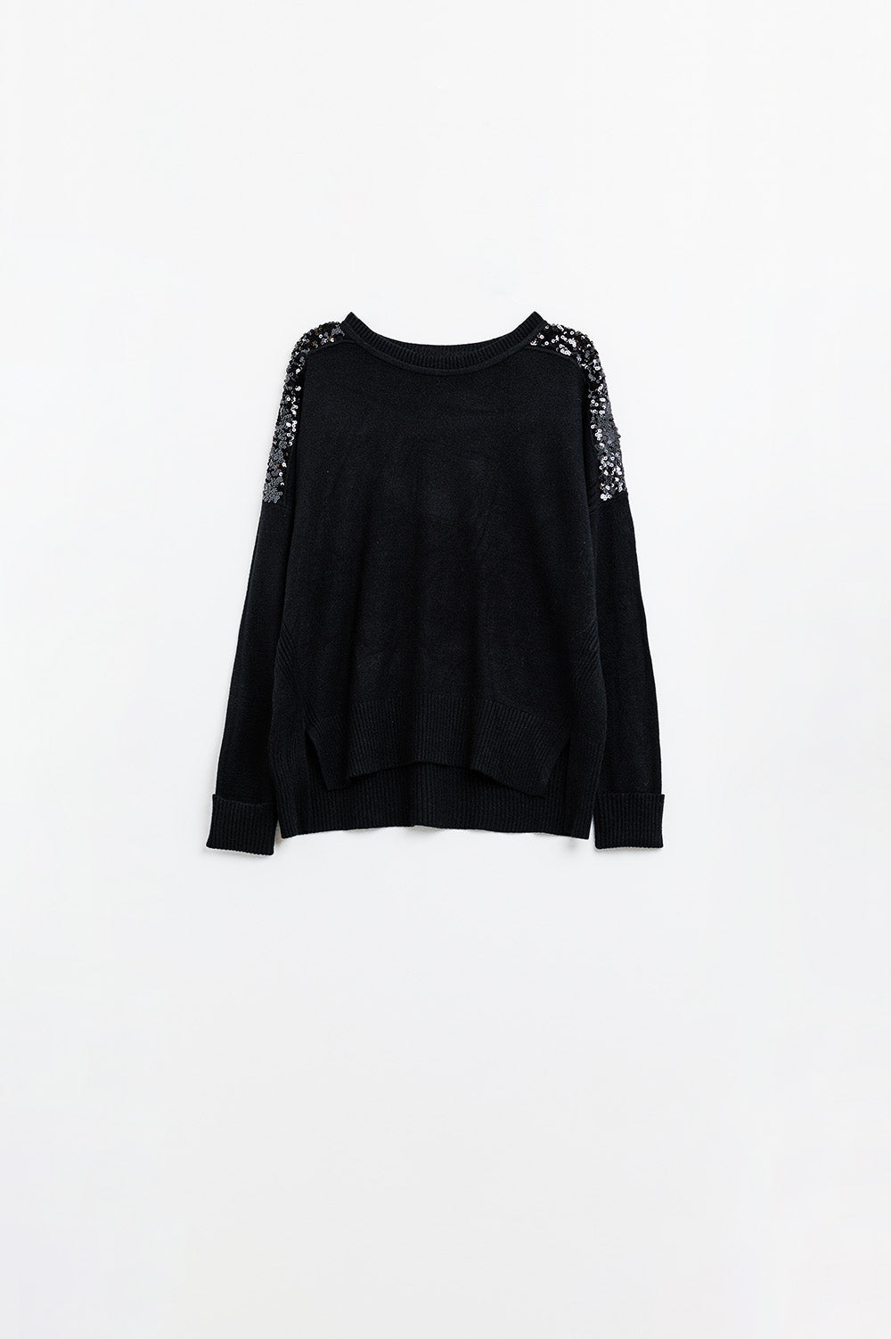 Q2 Jersey negro de manga larga con lentejuelas en los hombros