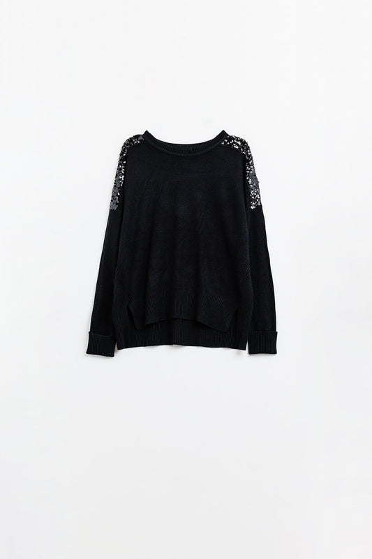 Q2 Jersey negro de manga larga con lentejuelas en los hombros