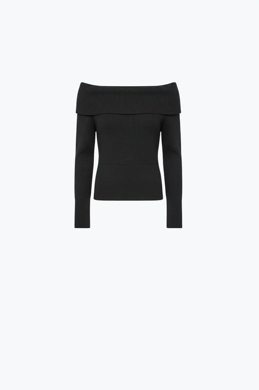 Q2 jersey negro de punto fino de canalé con amplio cuello barco