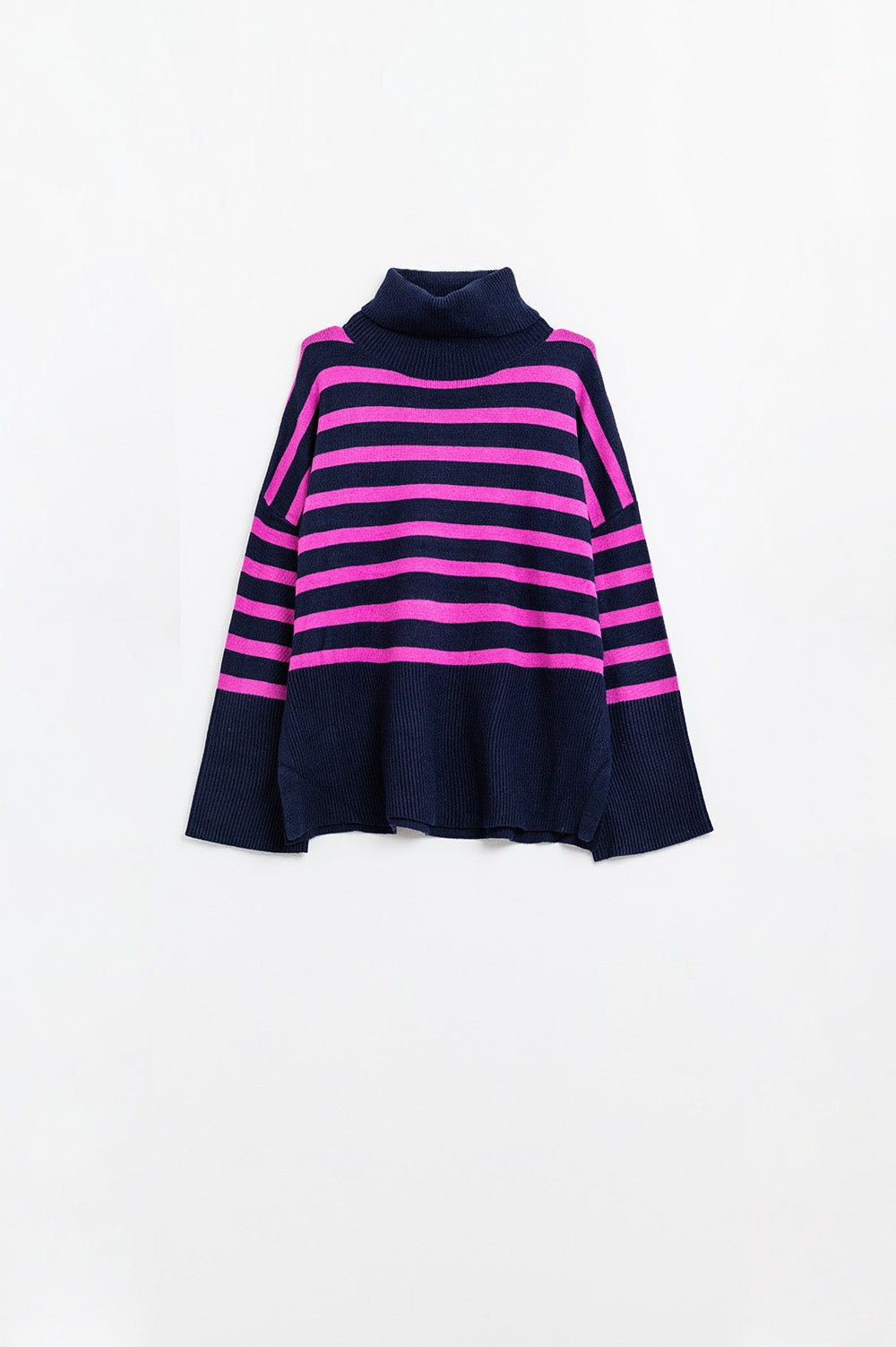 Q2 Jersey oversize azul marino de cuello alto con rayas fucsias y aberturas laterales