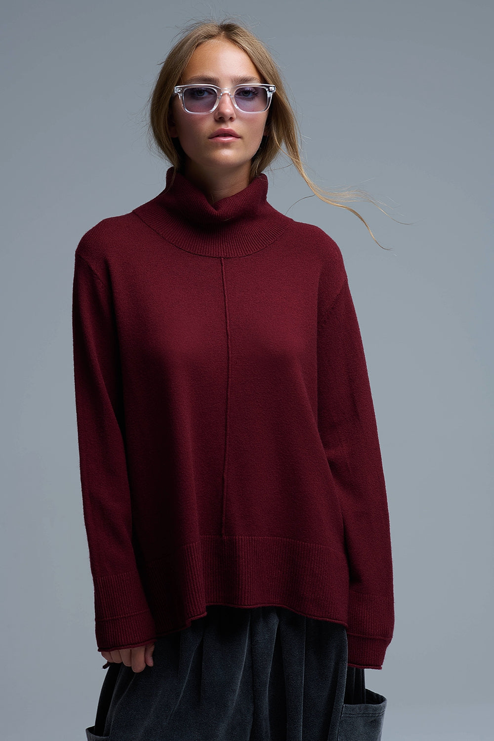 Jersey oversize con cuello vuelto en burdeos Q2