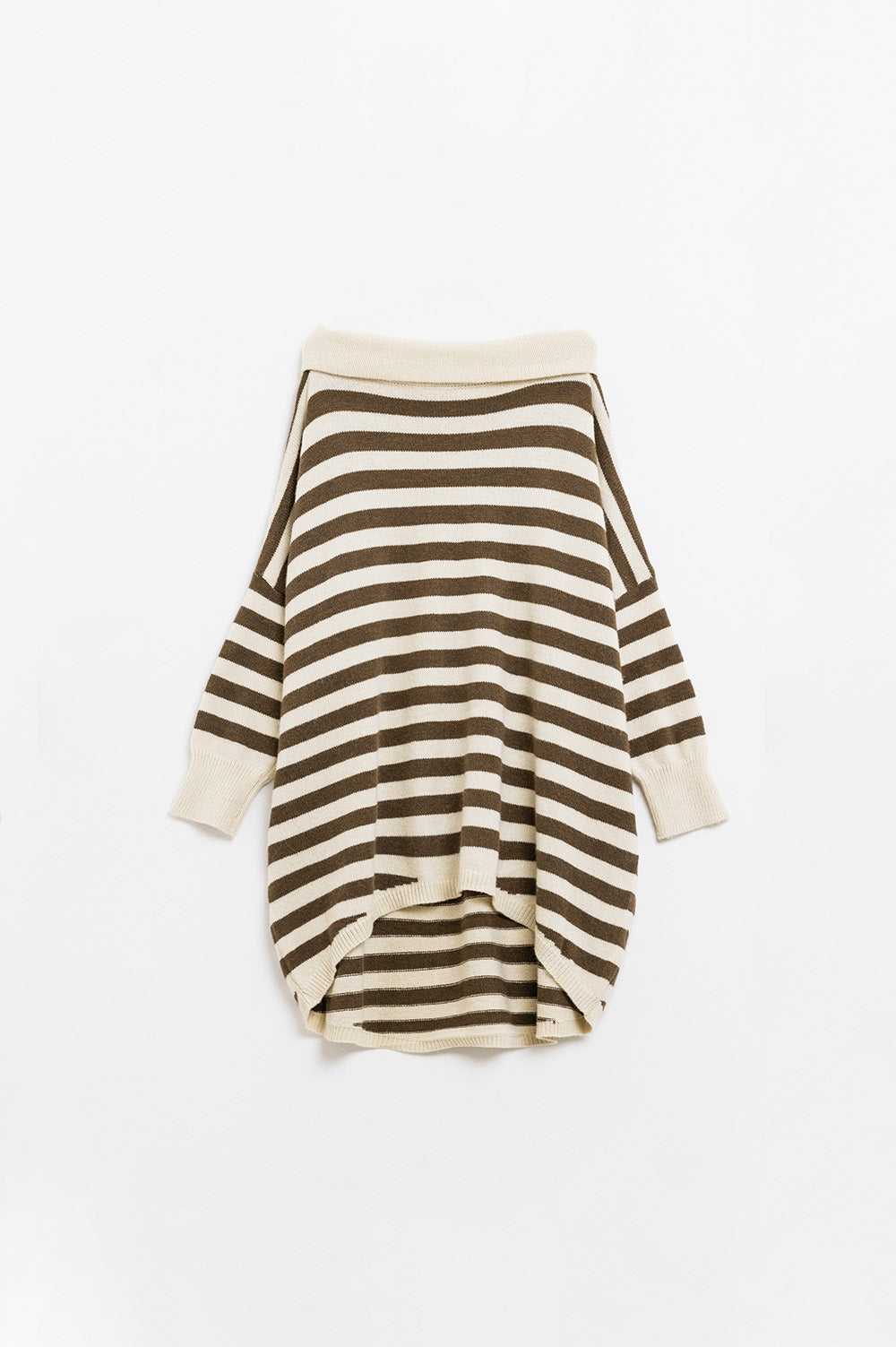 Q2 Jersey oversize de cuello alto con alas de murciélago y rayas en crema y marrón
