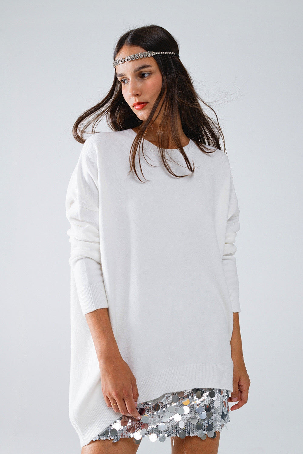 Jersey oversize de manga larga y cuello redondo en blanco Q2