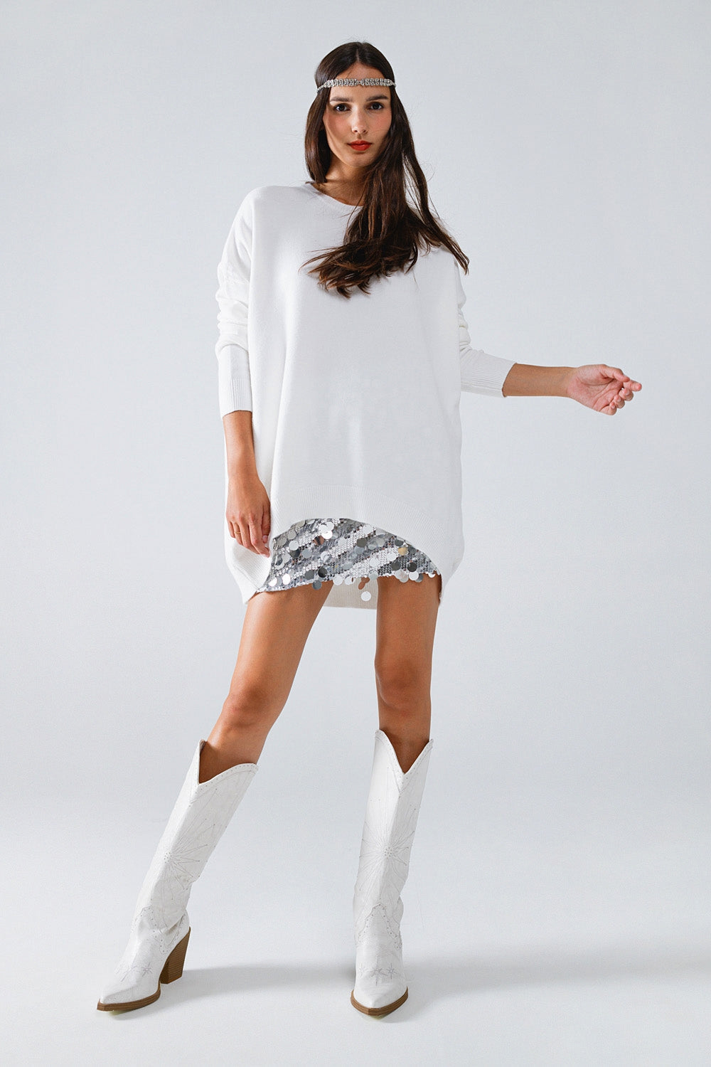 Jersey oversize de manga larga y cuello redondo en blanco Q2