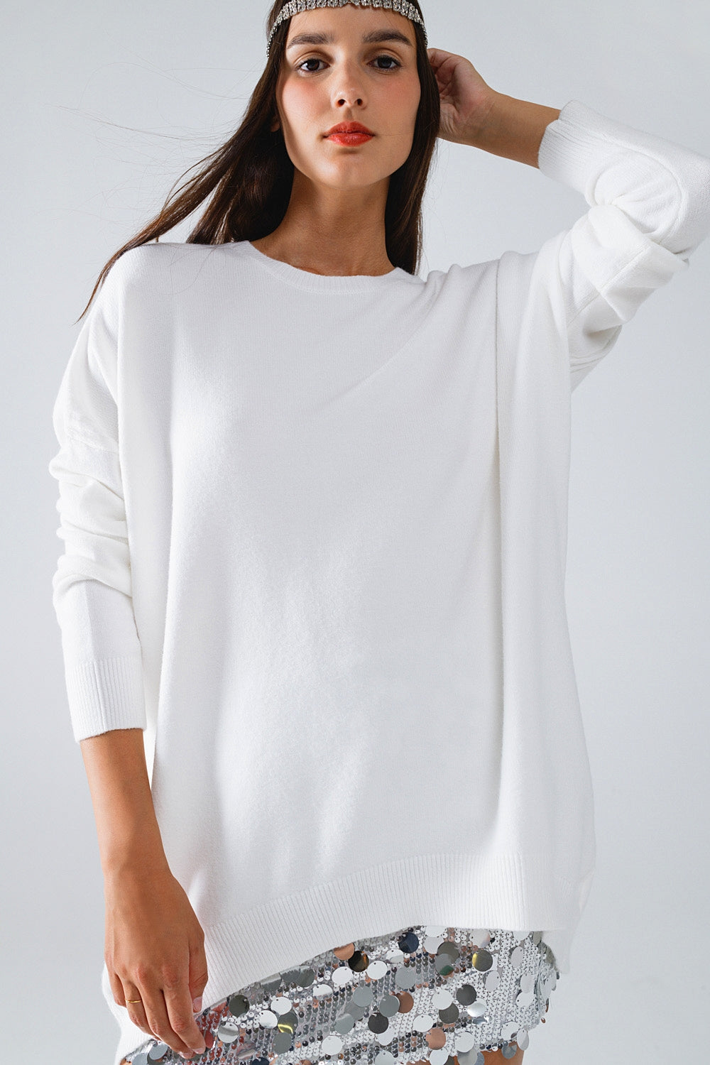 Jersey oversize de manga larga y cuello redondo en blanco Q2