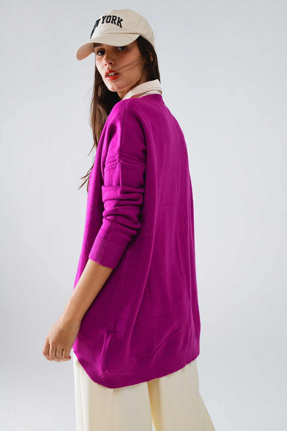 Jersey oversize de manga larga y cuello redondo en fucsia Q2