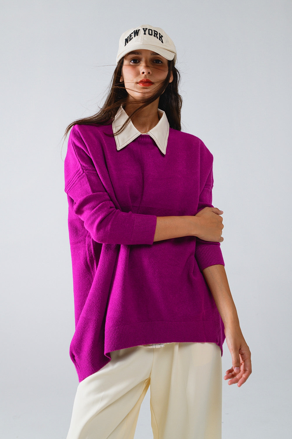 Jersey oversize de manga larga y cuello redondo en fucsia Q2