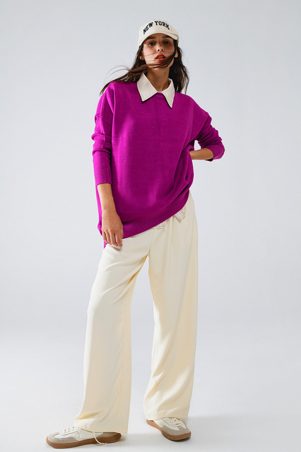 Jersey oversize de manga larga y cuello redondo en fucsia Q2