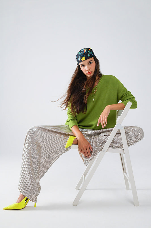Q2 Jersey oversize de manga larga y cuello redondo en verde oliva