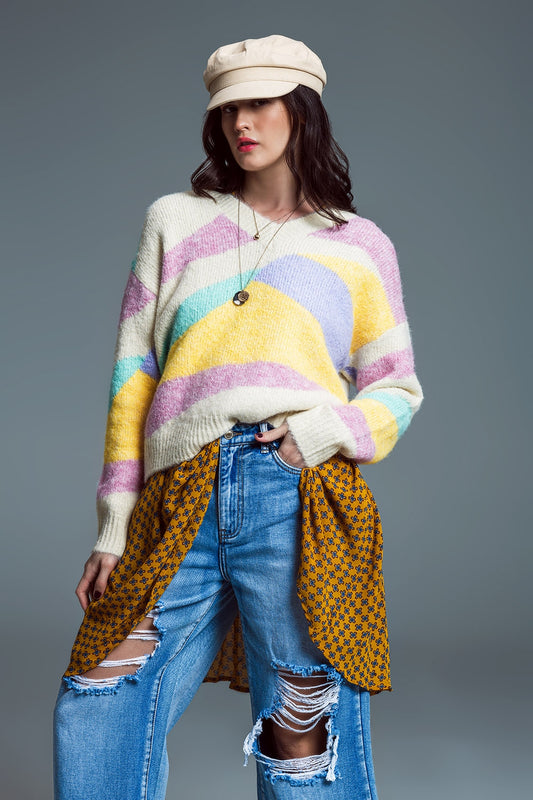 Q2 Jersey relajado con escote en V Beige con rayas abstractas en colores pastel