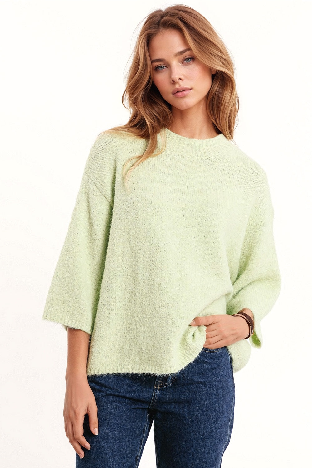 Q2 Jersey relajado con manga 3/4 y cuello redondo en verde