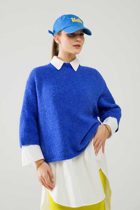 Q2 Jersey relajado con manga francesa y cuello redondo en azul tinta