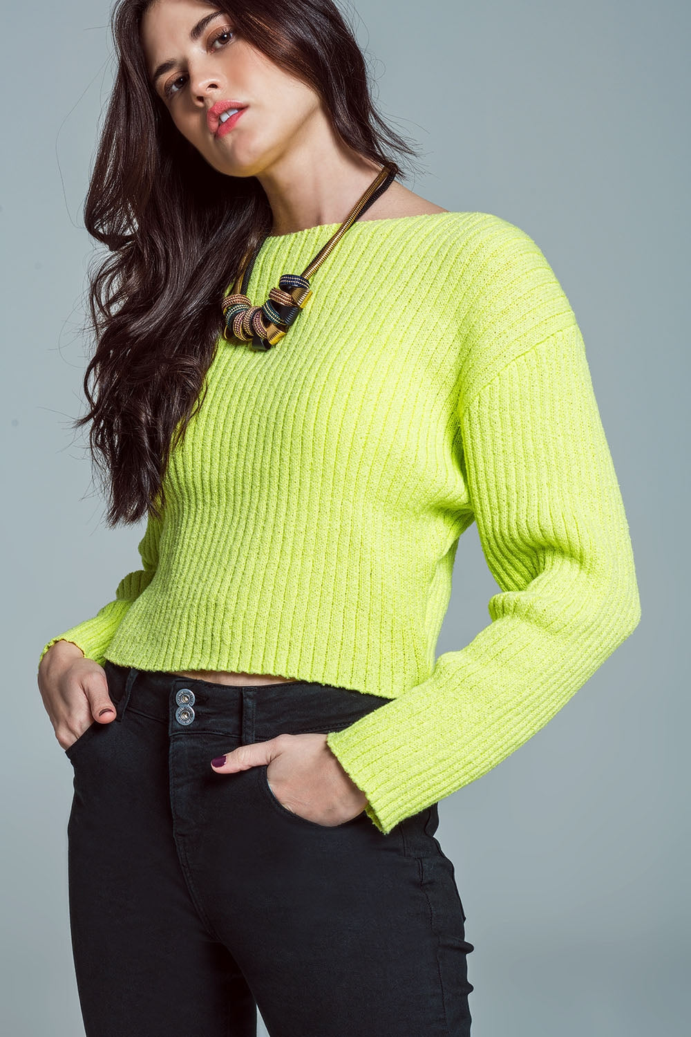 Jersey relajado con cuello barco de canalé grueso en verde lima Q2